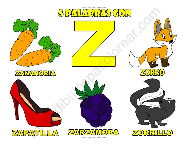 Cinco Palabras con la letra Z dibujo a color y para colorear